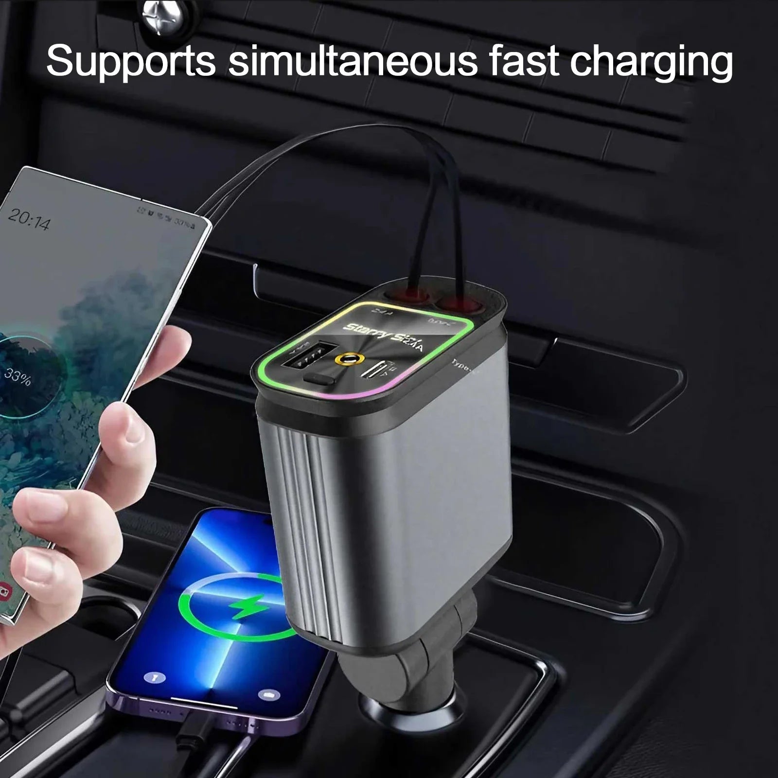 🚗 شاحن سيارة 4 في 1 بقوة 120W – شحن فائق السرعة مع كابلات قابلة للسحب